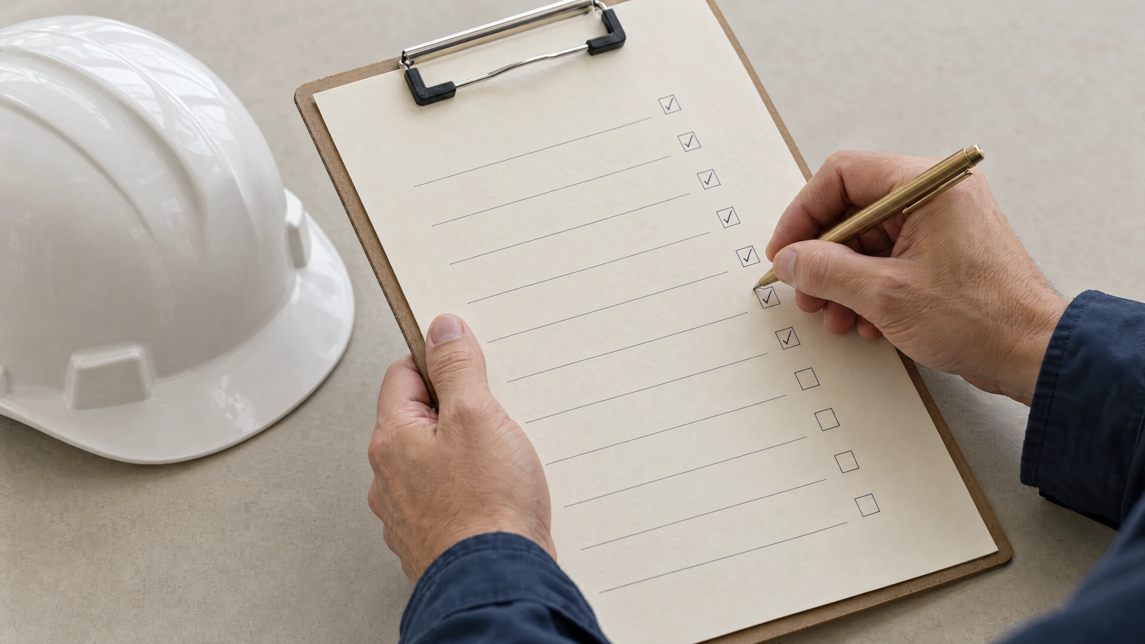 Conceptual close-up of an inspector reviewing a checklist, not an actual project inspection