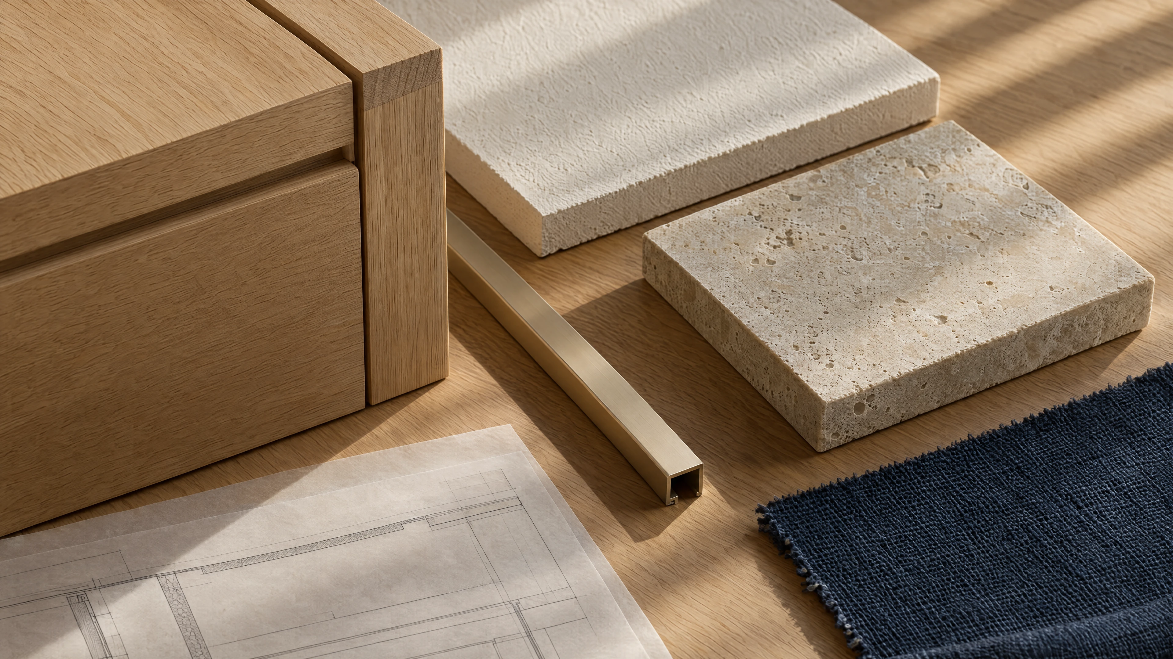 Conceptual material study of oak, stone and architectural details