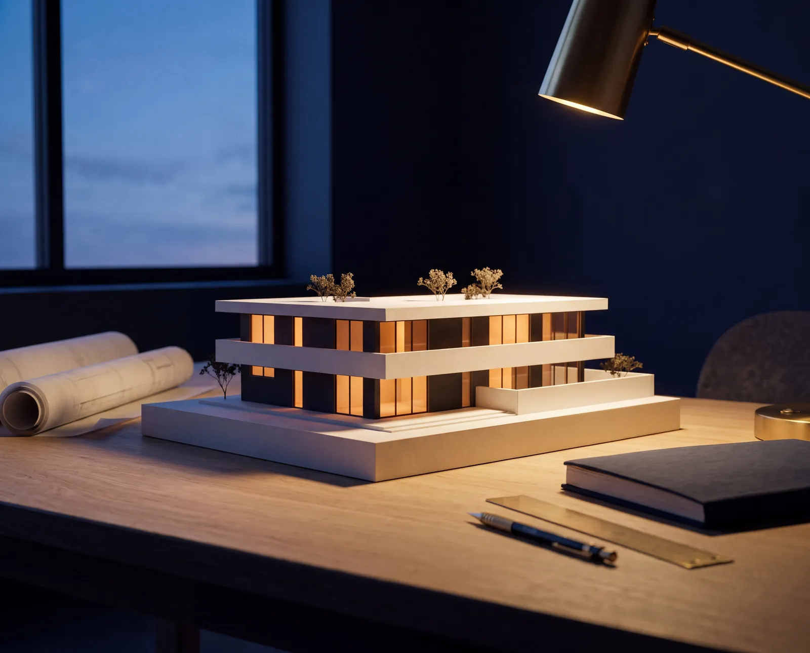 Concept: a white architectural study model glowing at dusk on an oak desk