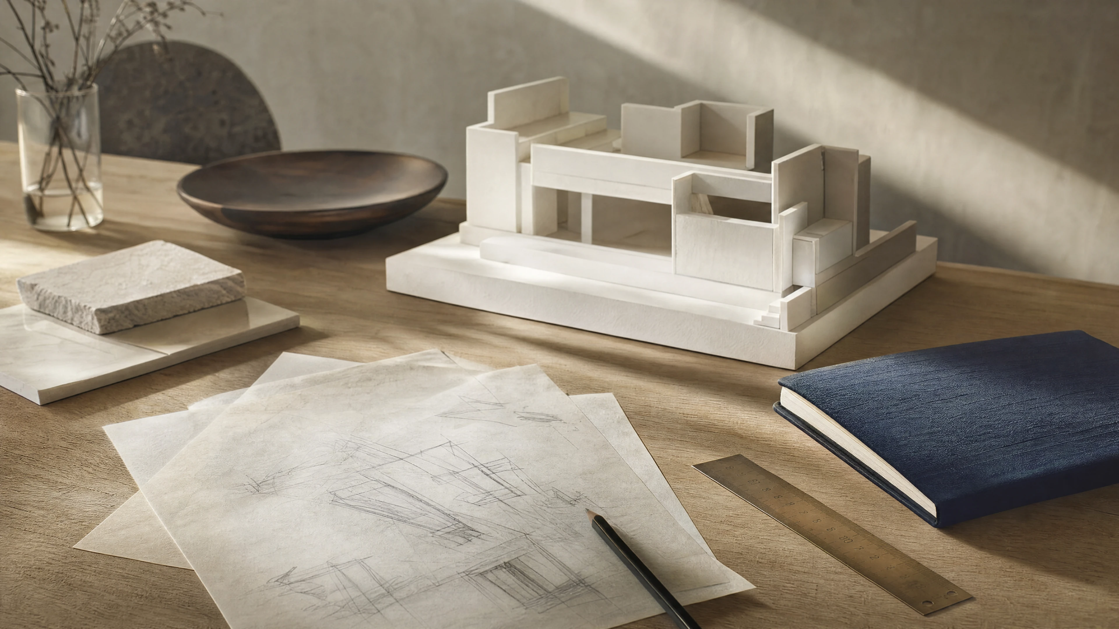 Conceptual architectural model, tracing paper and a navy sketchbook in morning light